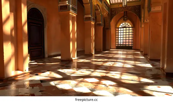 Ornate Interior Hallway With Archways And Tile Floor