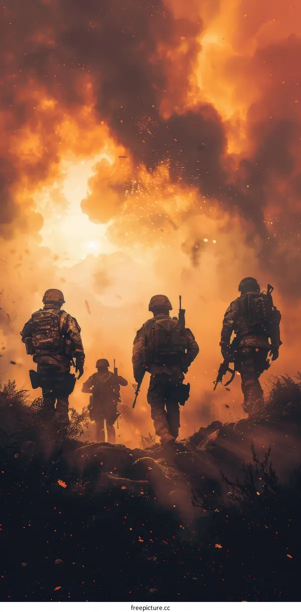 Special forces soldiers walking through a war zone
