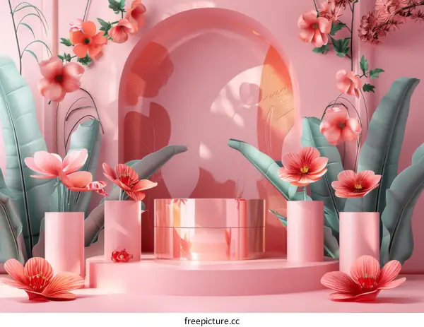 Pink podium with tropical leaves and flowers