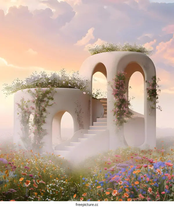 Abstract Architecture with Flowers and Sky