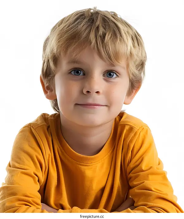 Portrait of a Young Boy with Blonde Hair and Blue Eyes Wearing a Yellow Shirt