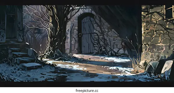 Snowy Path Leading to a Wooden Door