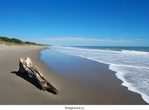 Driftwood on Sandy Beach Under Blue Sky