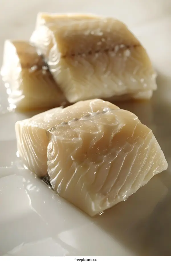 Three pieces of raw white fish fillet on a white surface