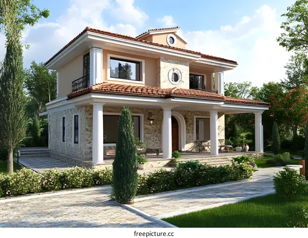 Stone Exterior Villa With Columns And Lush Green Landscaping