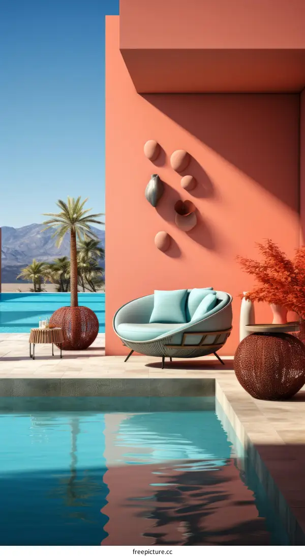 Modern Outdoor Living Space with Pool and Palm Trees