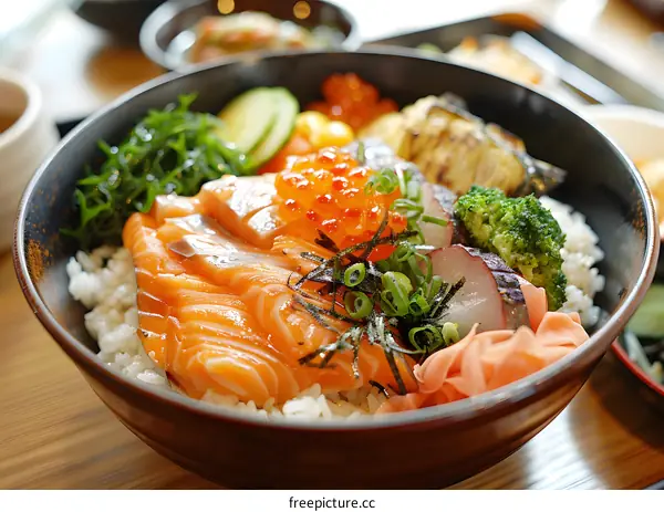 Salmon Donburi with Salmon Sashimi, Salmon Roe, and Vegetables