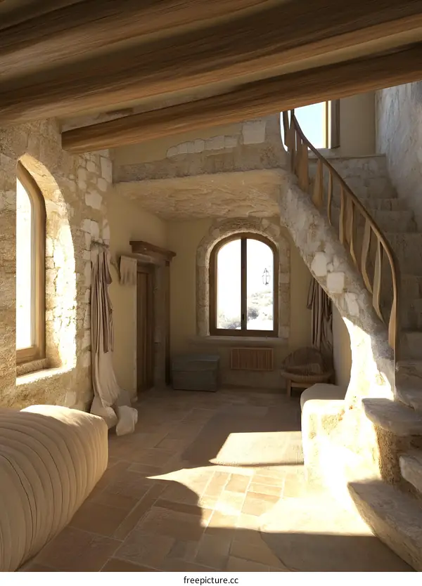 Stone Wall Interior With Wooden Beams and Winding Staircase