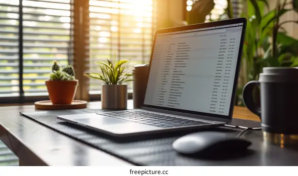 Home office workspace with laptop, coffee mug, mouse and plants
