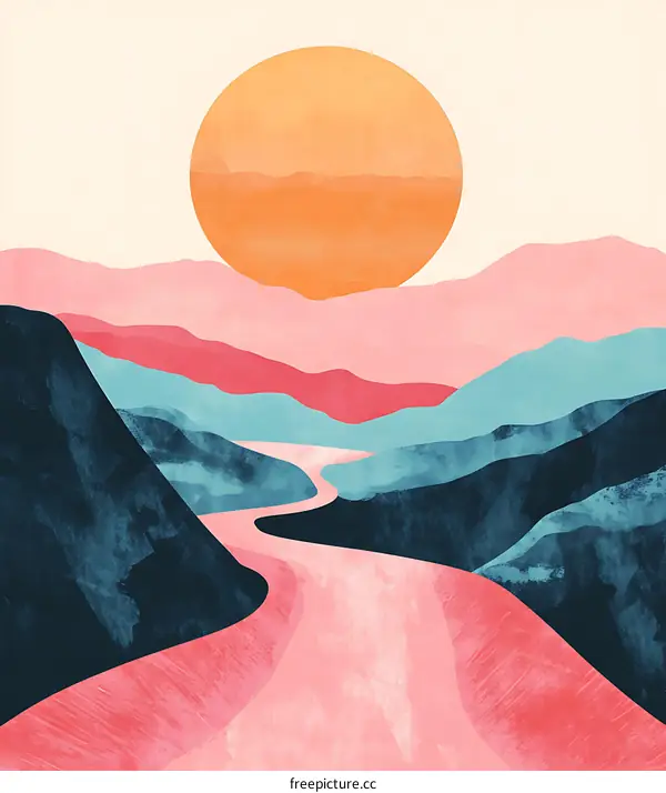 Abstract Mountain Landscape with a River and a Large Sun