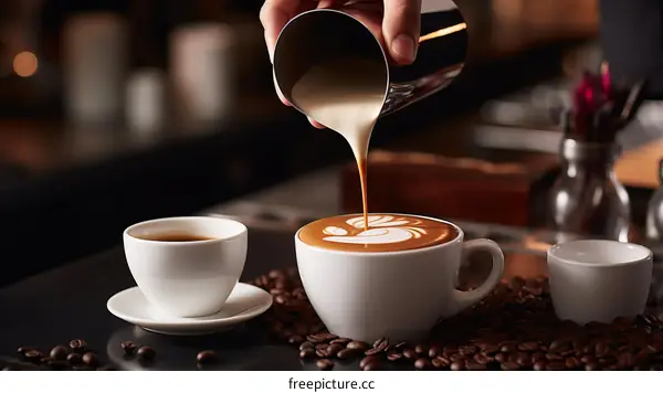 Barista pouring milk into a cup of coffee to create latte art