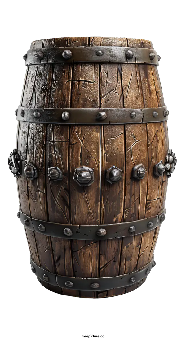 [Transparent Background PNG]3d illustration of a wooden barrel with metal hoops