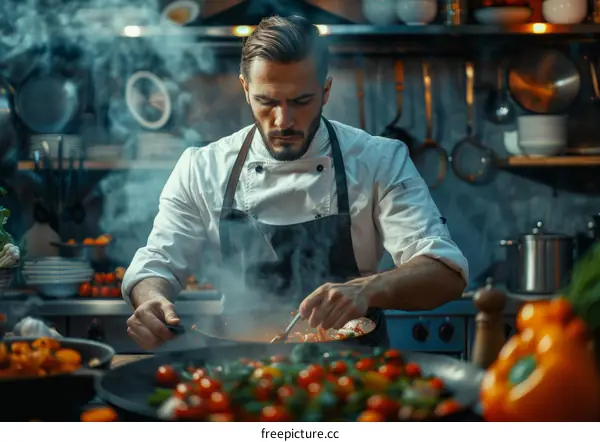Focused male chef cooking in a commercial kitchen