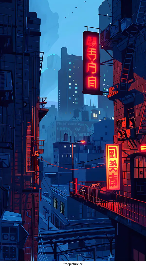 Neon Signs and Cityscape in a Futuristic Night