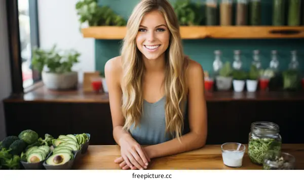 Portrait of a smiling young woman with long blond hair in front of a counter with healthy food