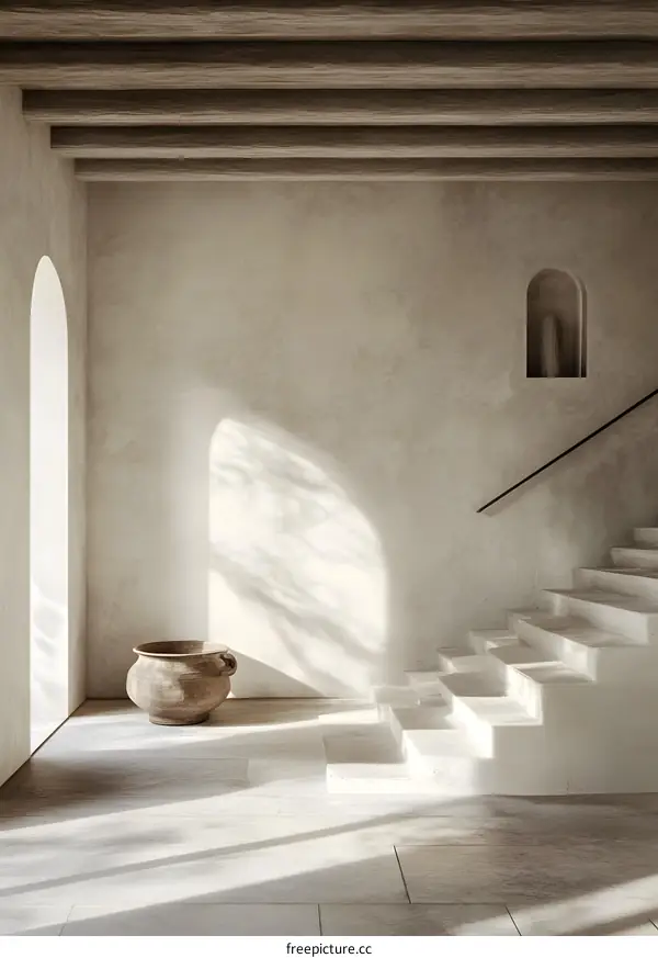 Minimalist Interior Design with White Stairs and Clay Pot