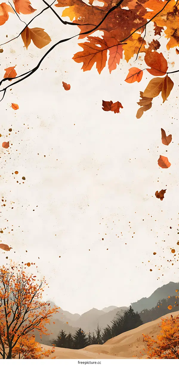 Autumn Leaves Falling on Mountain Landscape Watercolor Painting