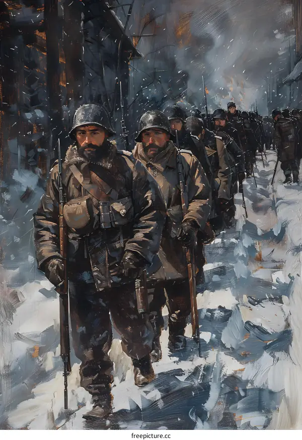 A group of soldiers trudges through the snow during World War I.