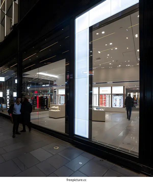 Night View of a Modern Store Front with People Walking by