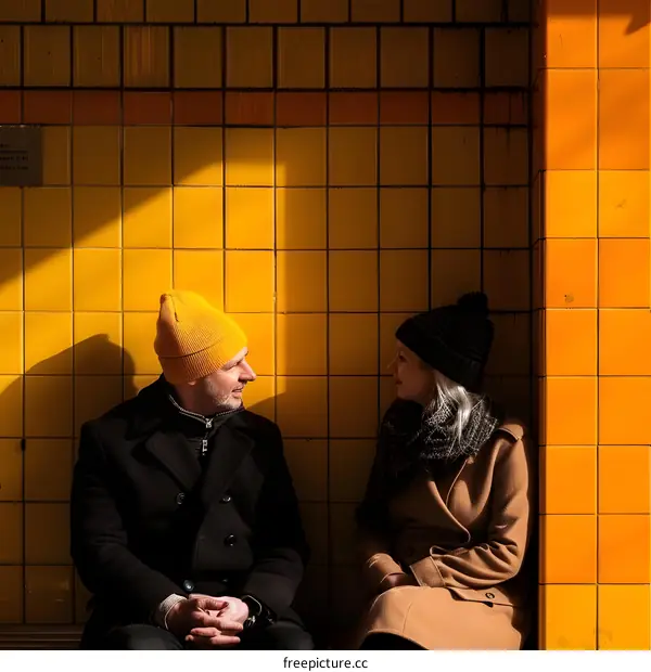 Couple Sitting Together in Yellow Tile Room