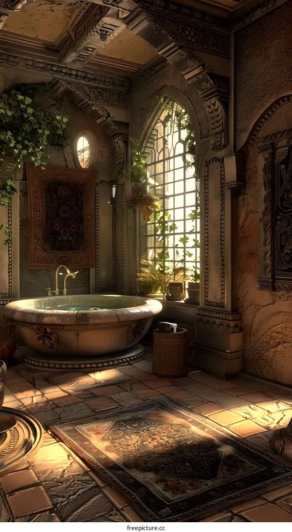 Medieval Style Bathroom Interior Design with Stone Walls, Bathtub, Window, and Rug