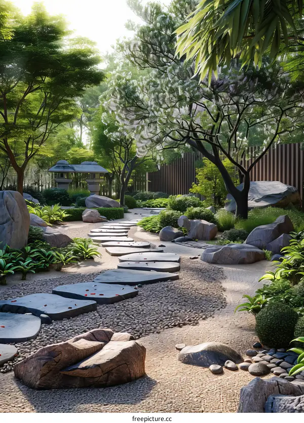 Serene Japanese Zen Garden with Stone Path and Lantern