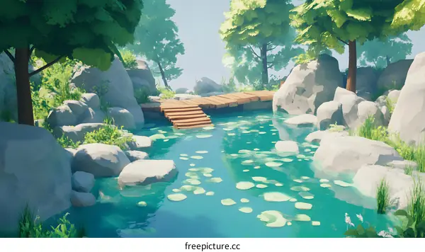 Calm and Serene Forest Pond with Wooden Bridge and Lily Pads