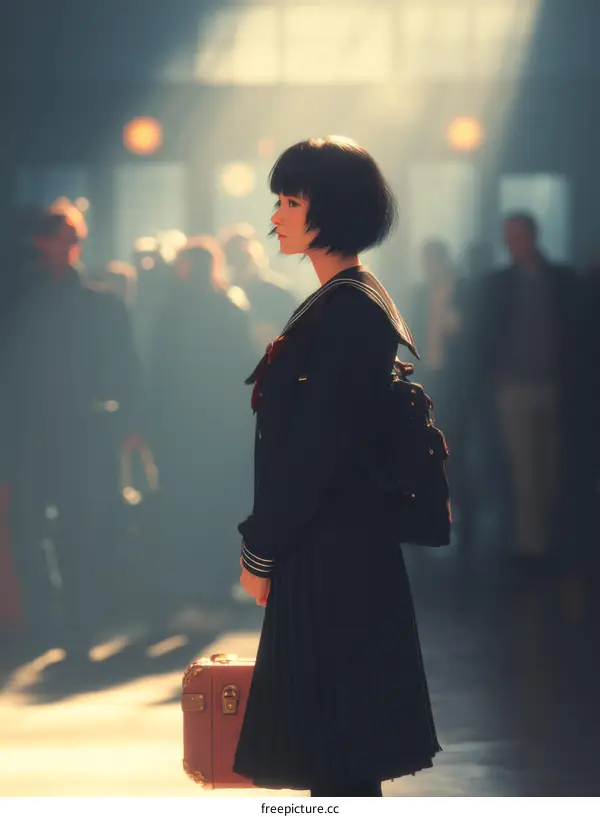 A solitary girl in school uniform at a train station