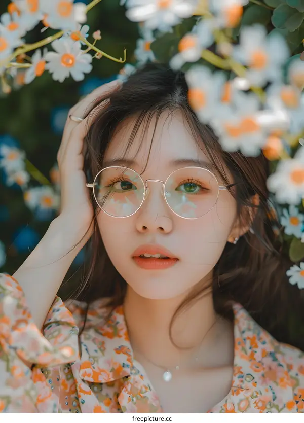 Portrait of a Young Woman Wearing Glasses and a Floral Dress Looking at the Camera