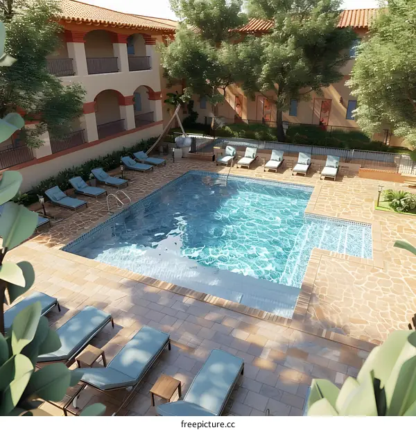 Swimming Pool Courtyard with Loungers and Palm Trees