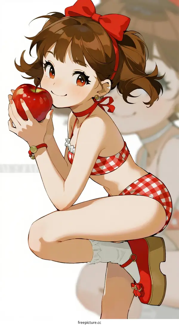Cute girl in red and white checkered bikini holding red apple