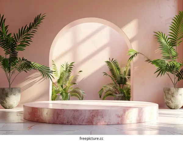 Pink Marble Podium Display with Tropical Plants