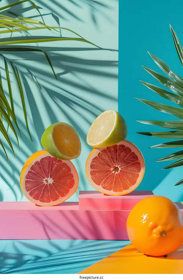 Summer Fruits Still Life Photography With Green Leaves And Pink Blocks
