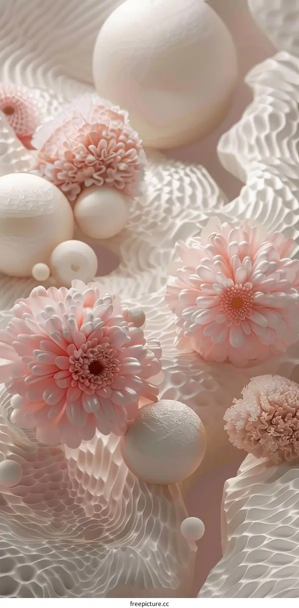 Pink Flowers and White Spheres Abstract 3D Render