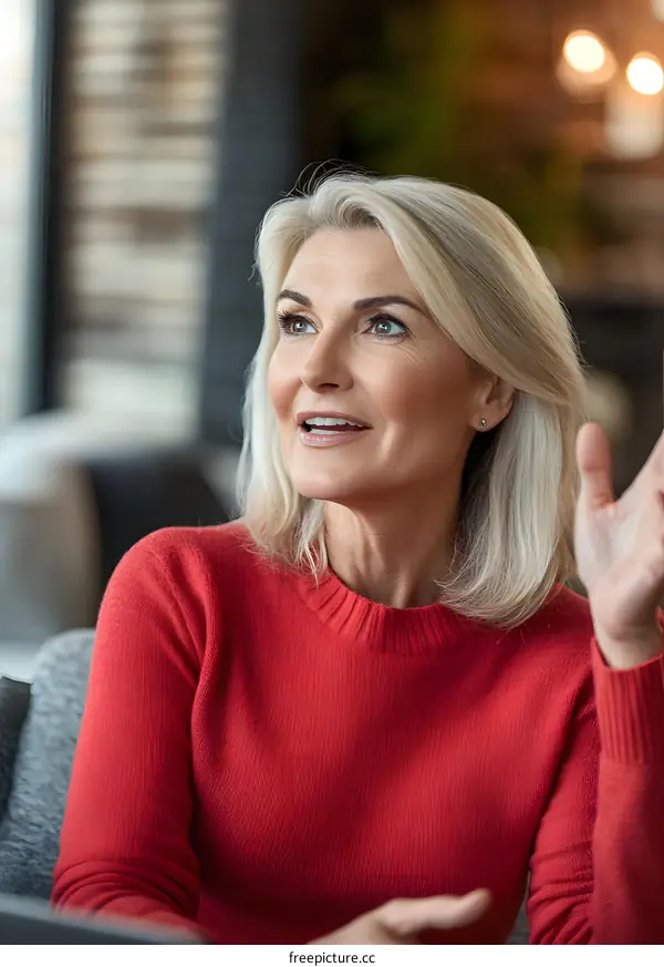 Mature Woman with Blonde Hair in Red Sweater Looking Up