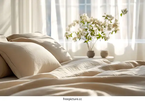 Beige Linen Bedding Set in a Sunny Bedroom