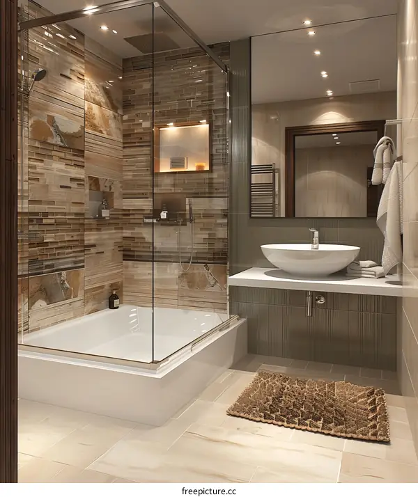 Bathroom interior with brown tile and glass shower enclosure