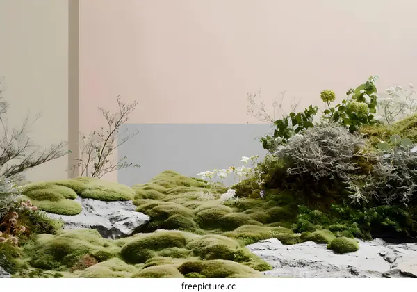 Green Moss and White Flowers on Gray and Peach Background