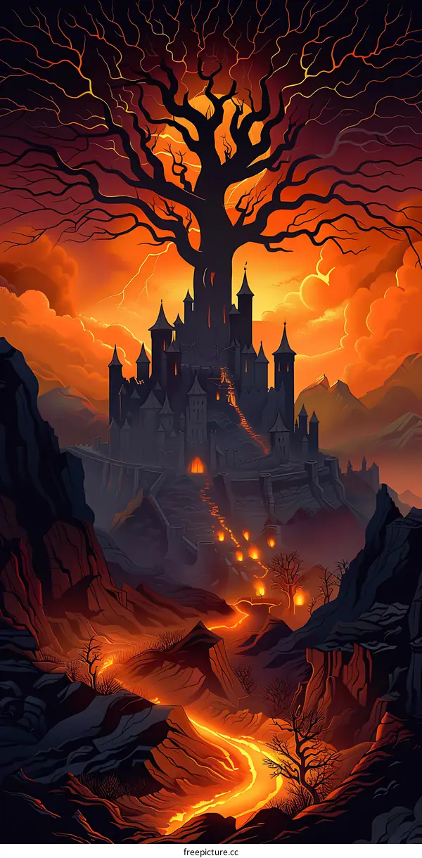 Fantasy Landscape With Castle And Lava River