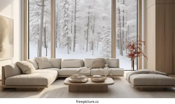 Modern living room interior with large windows and a view of the snowy forest