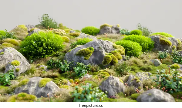 Green Moss Covered Rocks in the Forest