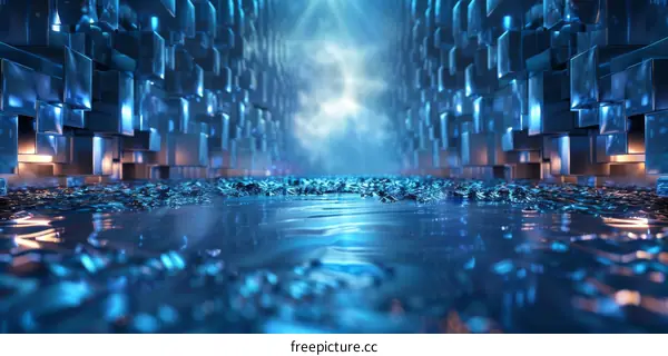 Futuristic Background with Blue Cubes and Water Reflections