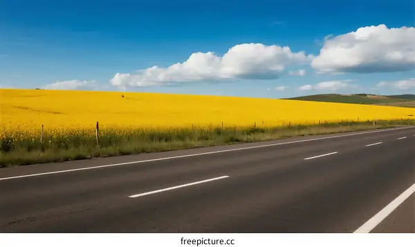 A scenic road with a vast field of yellow flowers under a clear blue sky