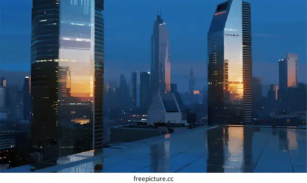 Modern Urban Skyline with Glass Skyscrapers at Sunset
