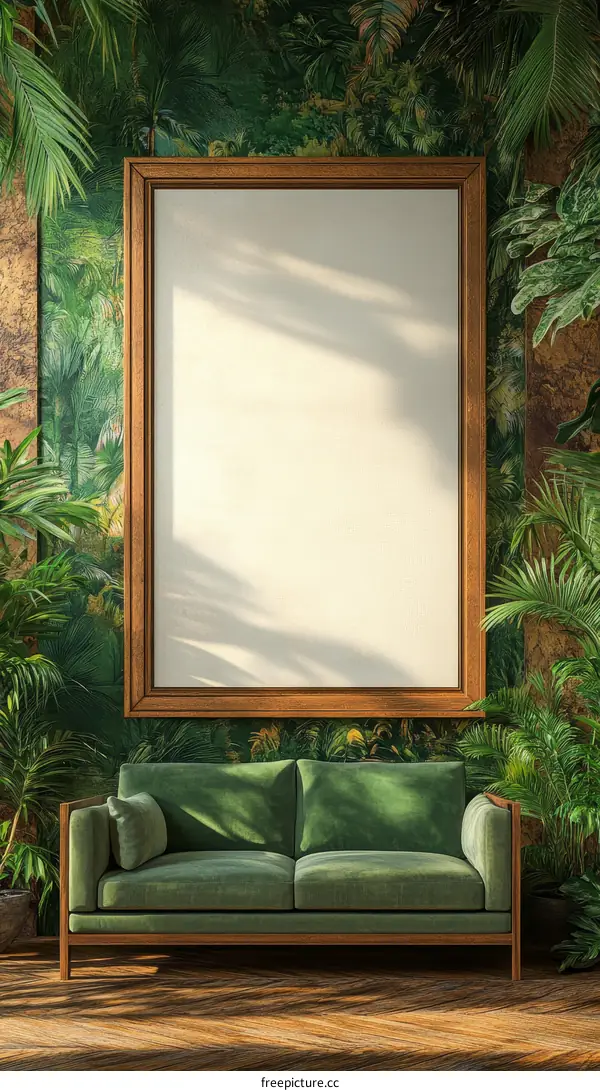 Tropical Living Room Mockup with Empty Frame