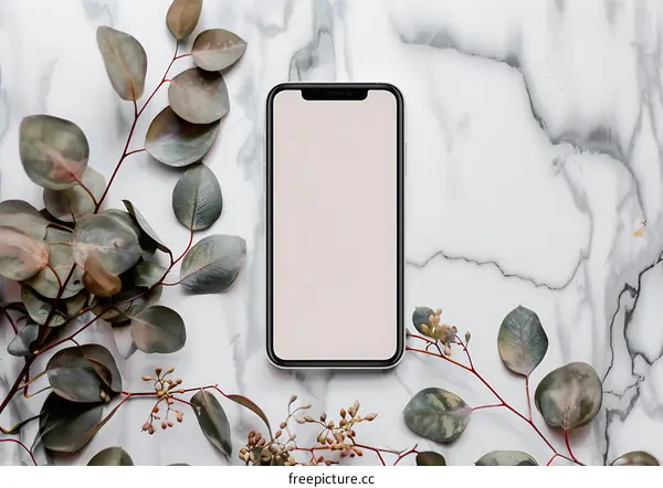 Smartphone on Marble Background with Eucalyptus Branches