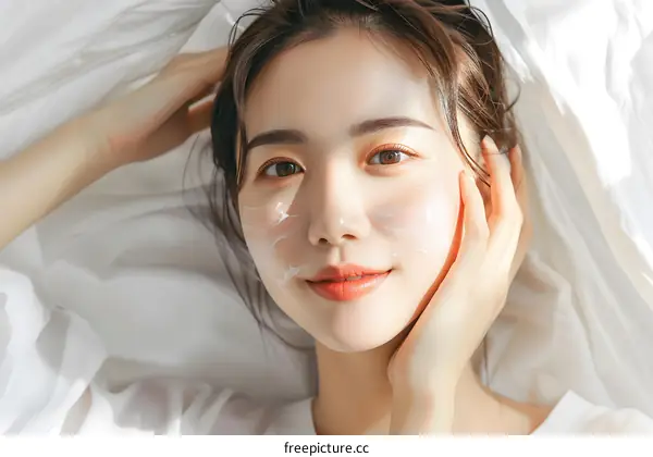 Closeup Portrait of Beautiful Asian Woman with White Cream on Face