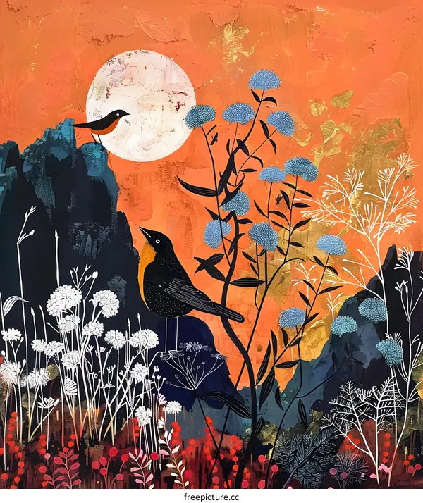 Two Birds and Flowers in a Surreal Landscape