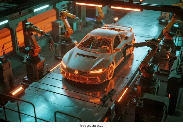 Robotic Arms Assembling Modern Sports Car in Factory