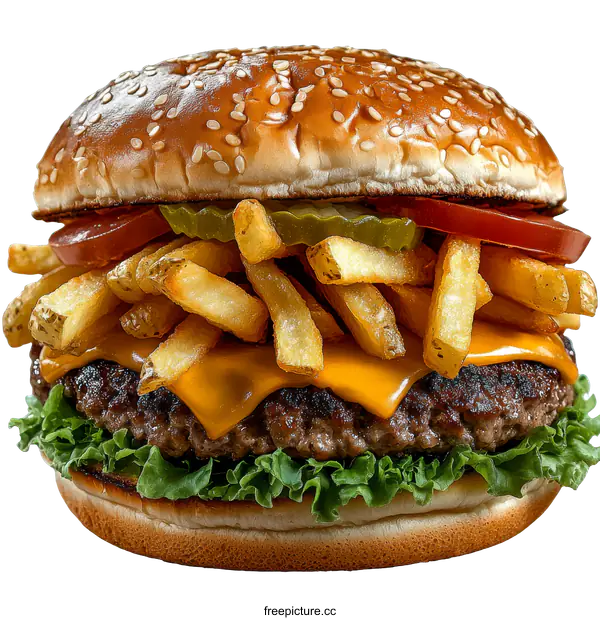 [Transparent Background PNG]Delicious Gourmet Cheese Burger with French Fries